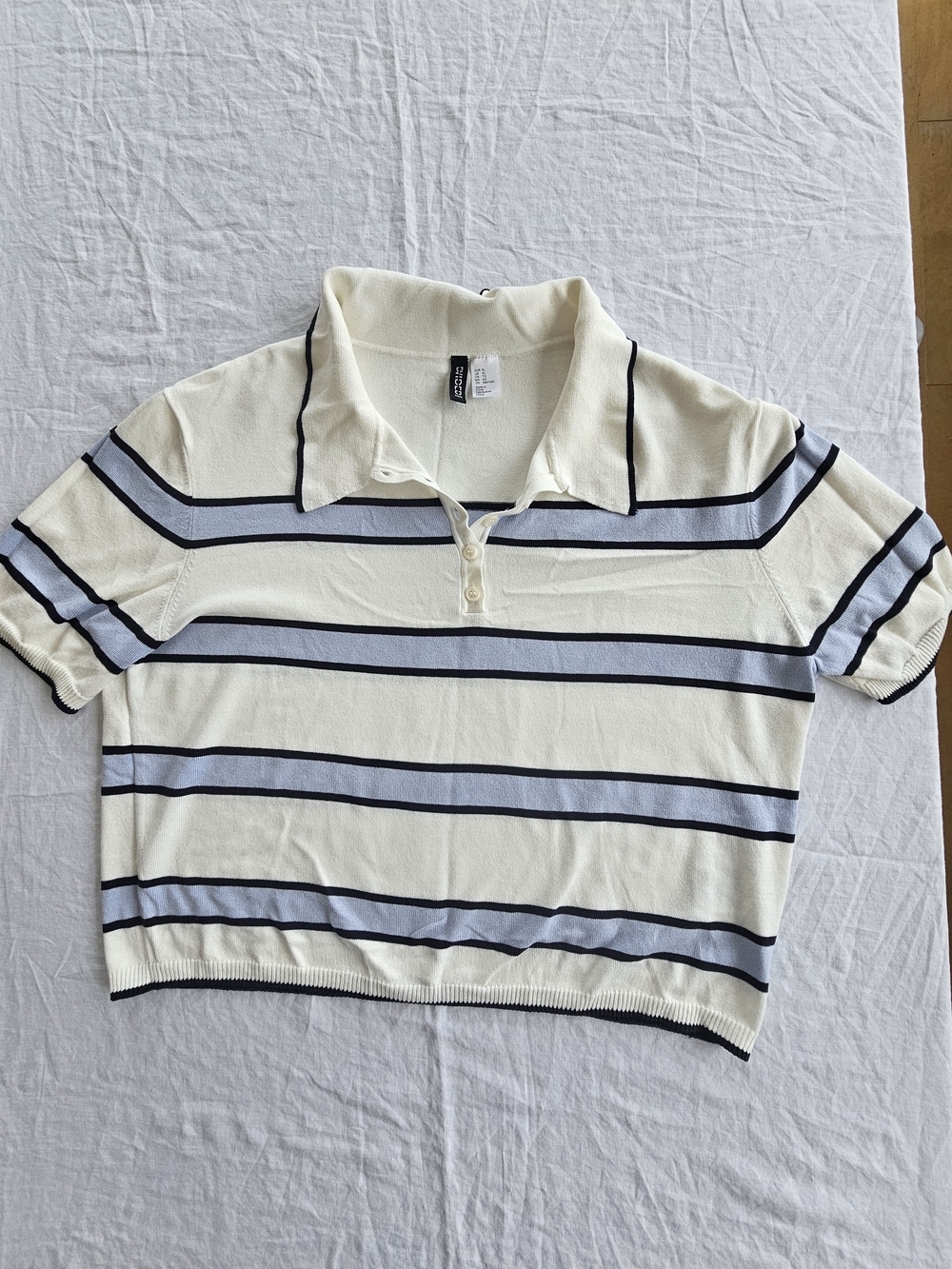 H&M Womens Cream and Light Blue Striped Knit Polo Top Size XL